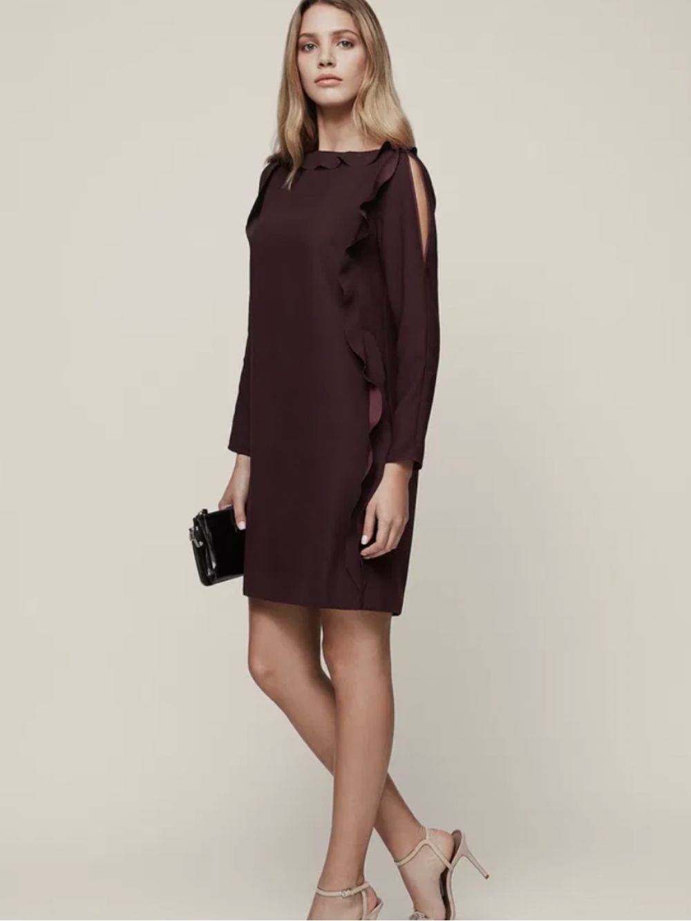 Reiss Plum Ruffle-Trim Long Sleeve Shift Dress